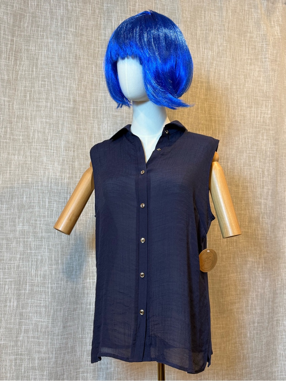 Sleeveless Button-Front Navy Blouse - Classic Women's Shirt